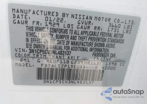 2022 Nissan Kicks Sv Xtronic Cvt z USA, uszkodzony, nr VIN 3N1CP5CV3NL483137